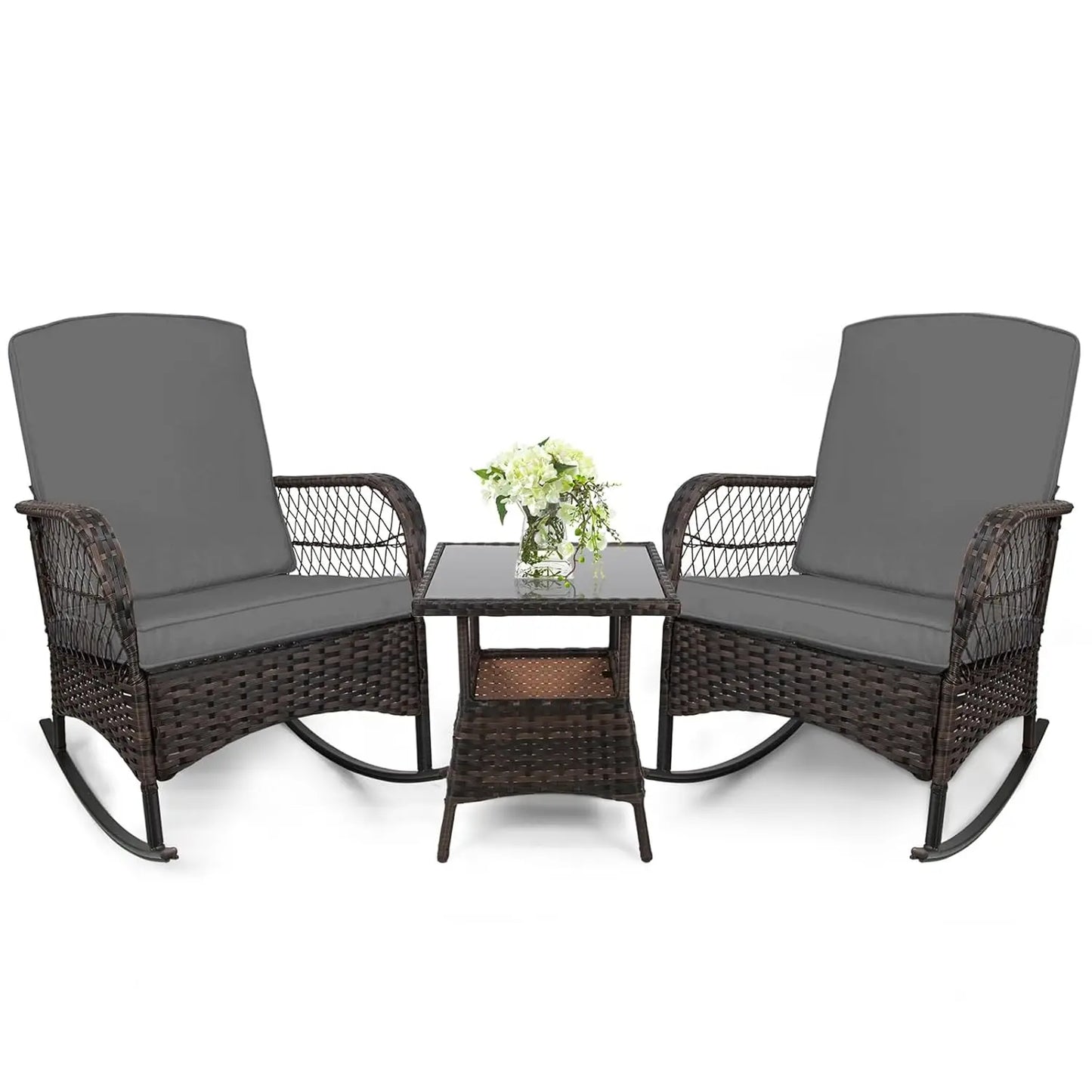 3 pcs Rocking Bistro Set Conversation Chairs PE Wicker Outdoor Rocking Chairs & Glass Table,for Porch Lawn Garden, Customized