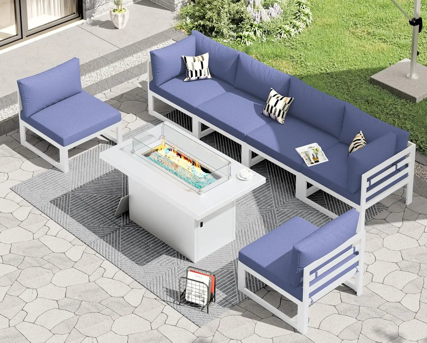 6 Person Large Modern Aluminum Outdoor Patio Furniture Set With Fireplace, 29" Wide Deep Seating, U Shaped Combo, Customized