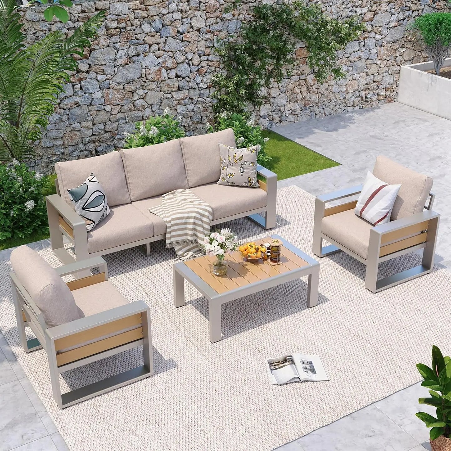 Aluminum Patio Furniture Set, 5 Seats Sectional Metal Patio Furniture with Coffee Table, 6'' Thick Cushions, Customized
