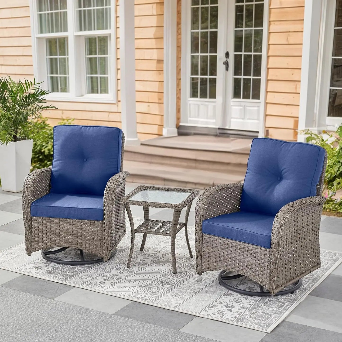 3 Pieces Black Wicker Patio Furniture Outdoor Swivel Rocker Patio Glider Chairs Set of 2 with Side Table Beige, Customized