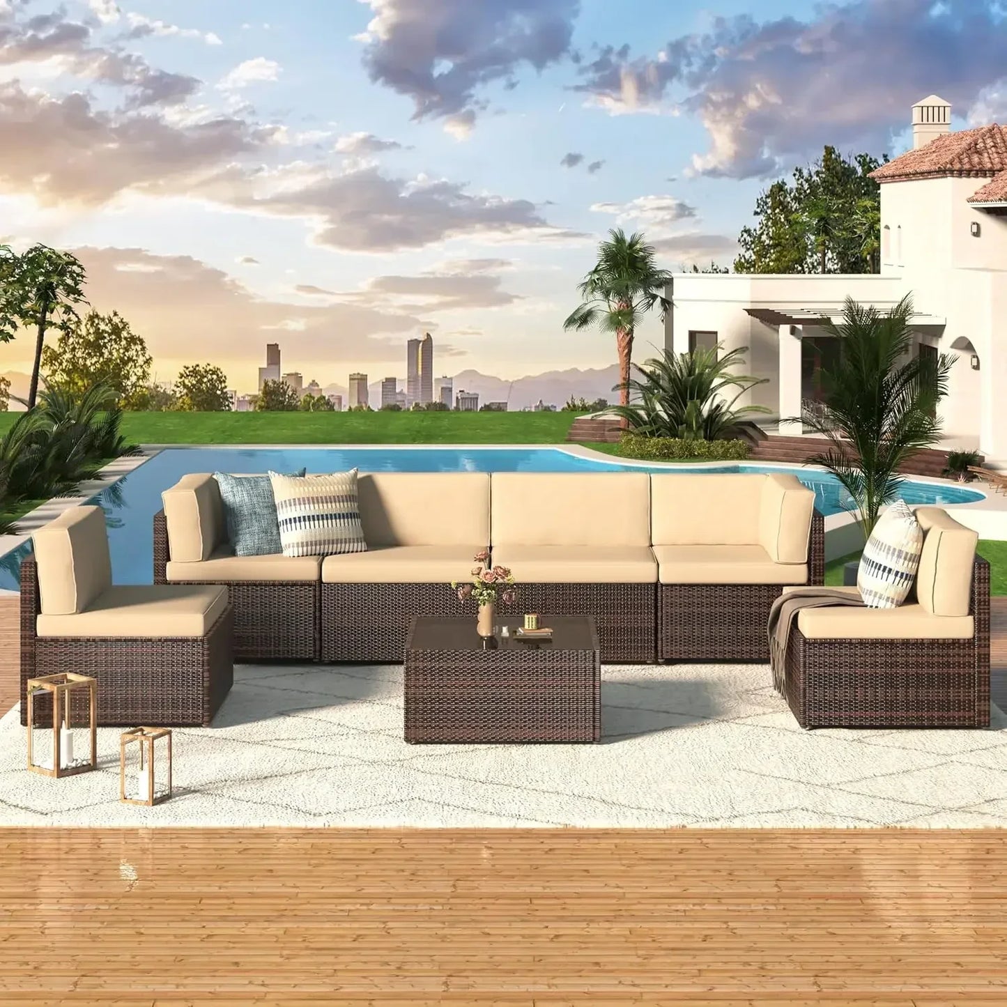 7 Piece Outdoor Patio Furniture Set, PE Rattan Outdoor Grey Wicker Furniture, Outdoor Sectional Furniture Chair Set with Cushion