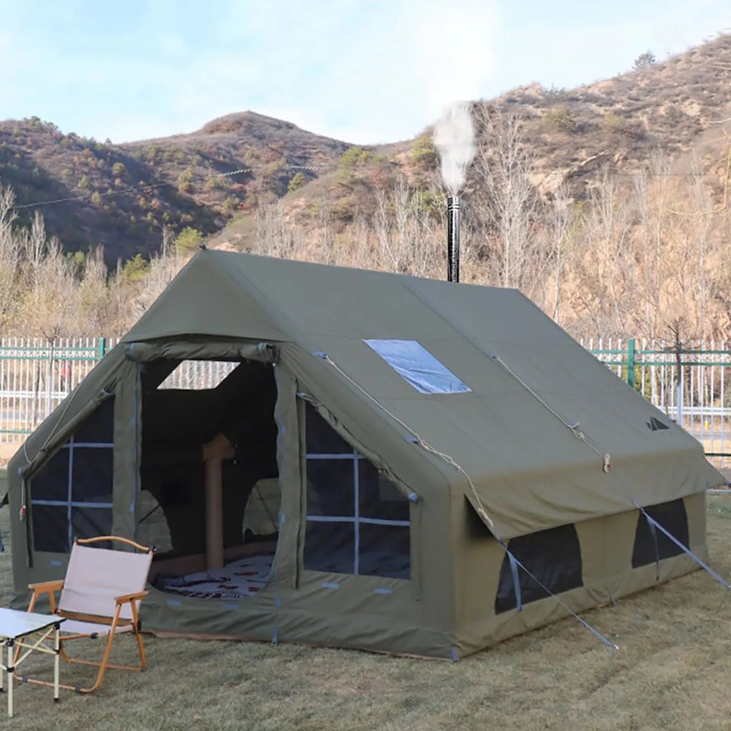 129 SqFt² Army Green Inflatable Camping Tent with Canopy,4 Season Air Tent with Tent Tarp & Moisture Proof Pad & Fire Blanket