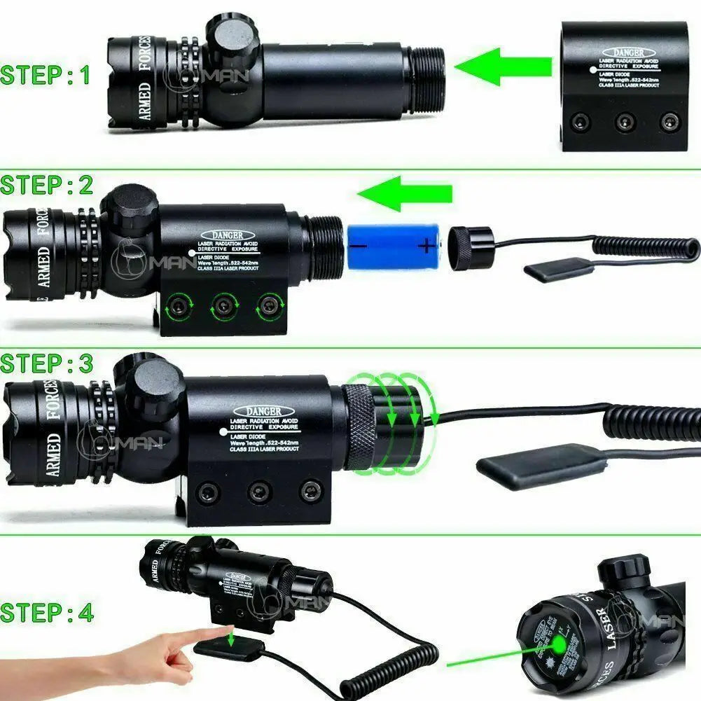 Tactical Green Laser Sight Rifle Dot Scope+ Switch + Rail+ Barrel Mounts TOP
