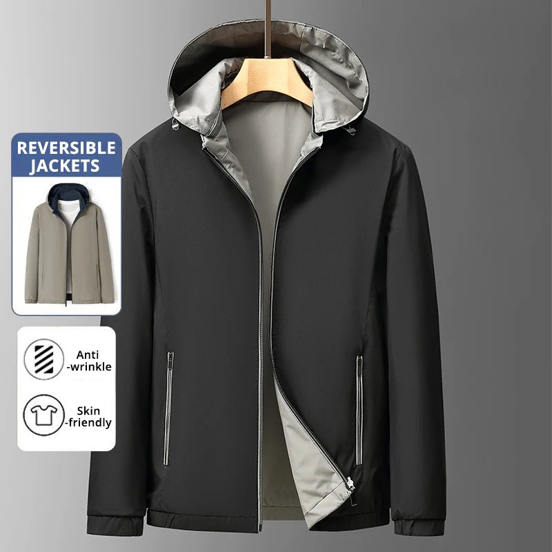 Premium Reversible New Detachable Hood Men Waterproof Lightweight Outdoor Jacket Spring Autumn Windbreaker Casual Coats Outwear