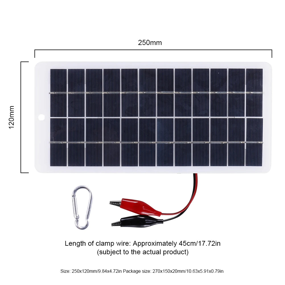 10W Solar Battery Charger with Carabiner 12V Cells Power Bank Polysilicon Solar Charger Plate Portable for 9-12V Battery