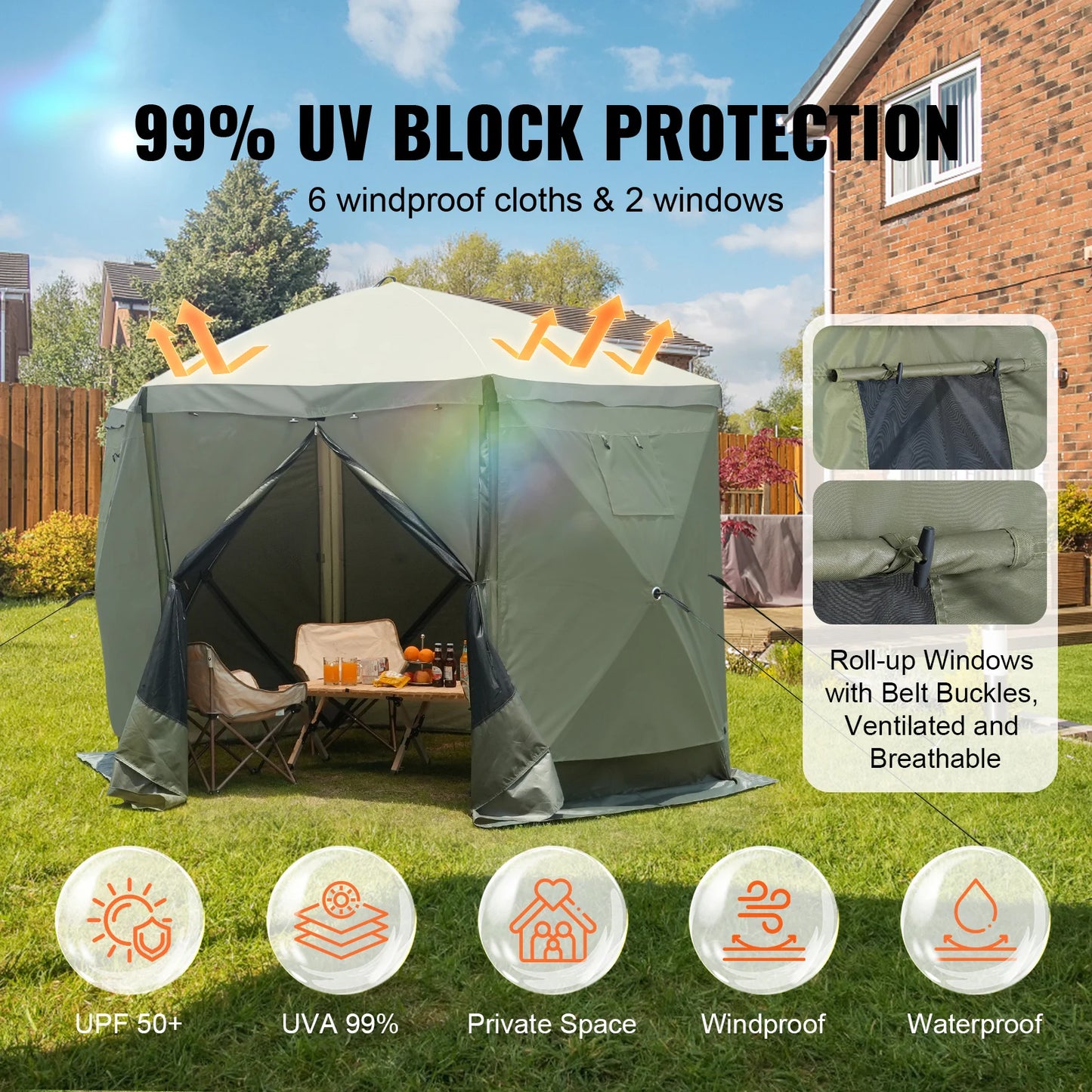 SucceBuy Pop Up Gazebo Tent Pop-Up Screen Tent 6 Sided Canopy Sun Shelter with 6 Removable Privacy Wind Cloths & Mesh Windows