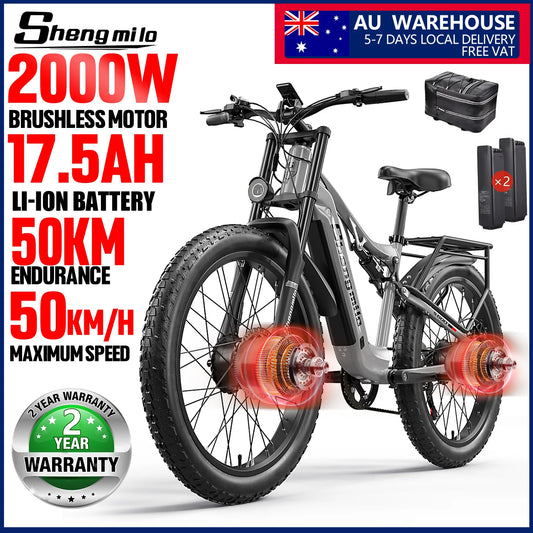 Shengmilo S600 26 inches adult electric mountain bike, 2000W dual motor ebike 7-speed electric bicycle，Fat Tire ebike17.5ah