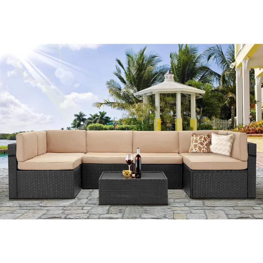 7 Piece Outdoor Patio Furniture Set, PE Rattan Outdoor Grey Wicker Furniture, Outdoor Sectional Furniture Chair Set with Cushion