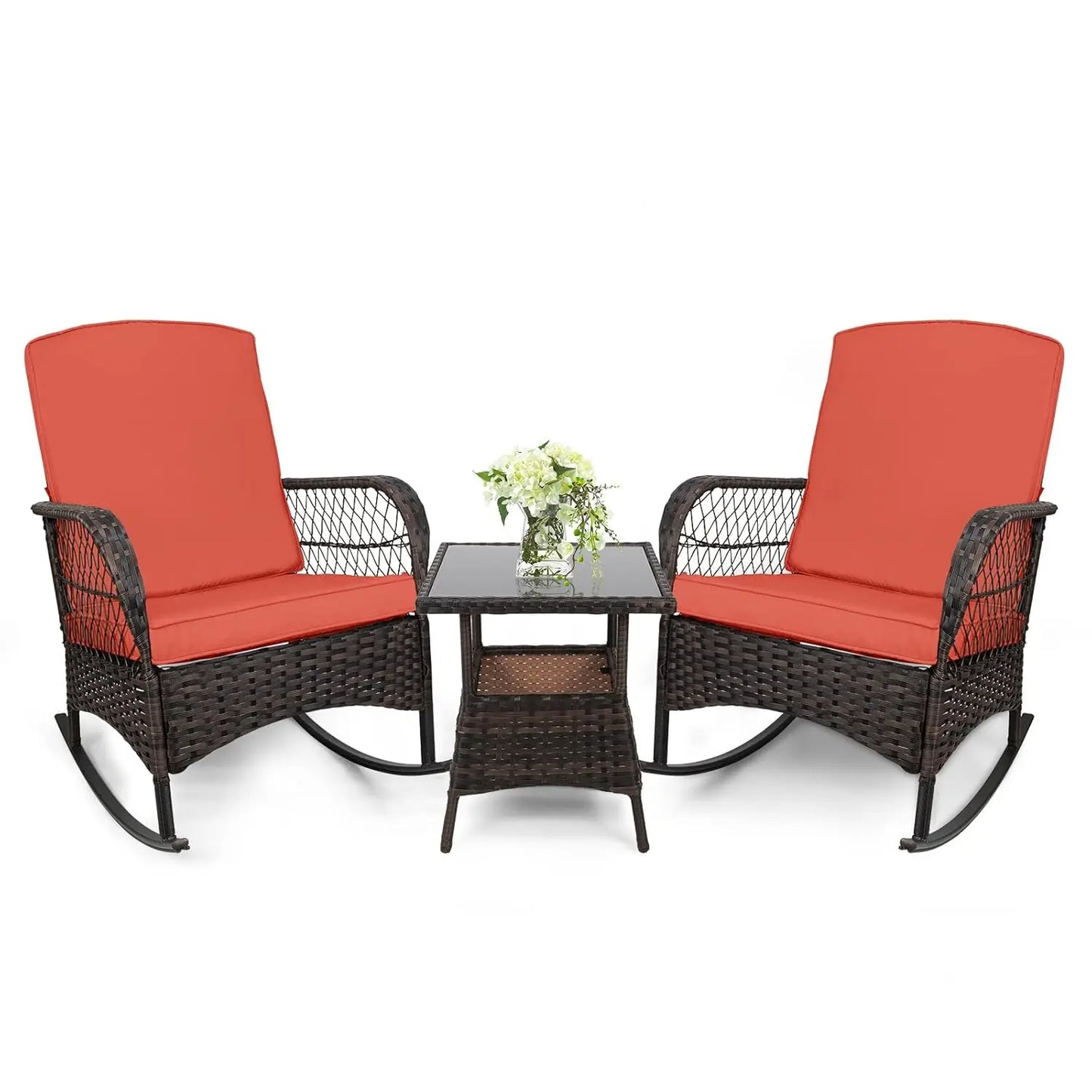 3 pcs Rocking Bistro Set Conversation Chairs PE Wicker Outdoor Rocking Chairs & Glass Table,for Porch Lawn Garden, Customized