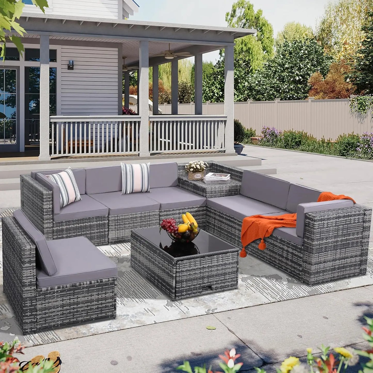 8 Pieces Outdoor Wicker Rattan Patio Furniture Sectional Set, Glass Top Table With Hidden Storage, 7 Sofa Sections,, Customized