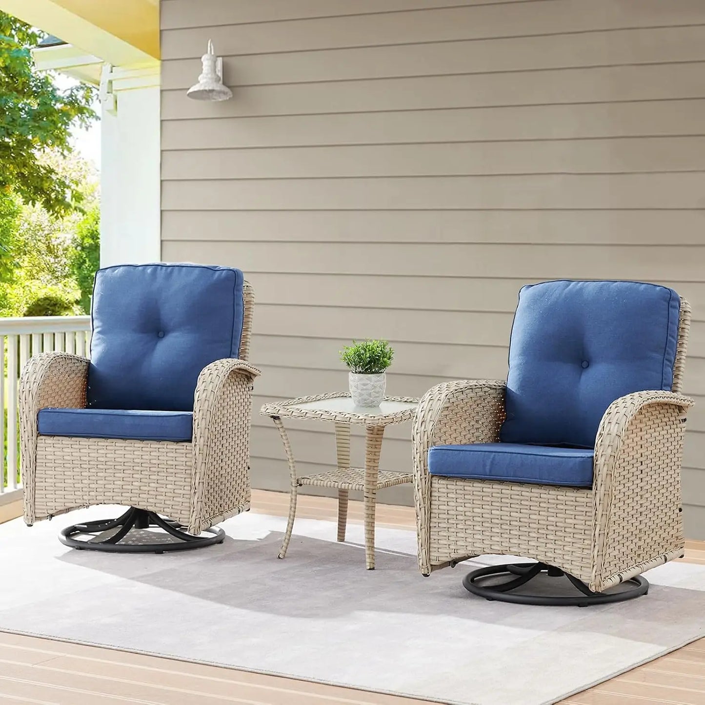 3 Pieces Black Wicker Patio Furniture Outdoor Swivel Rocker Patio Glider Chairs Set of 2 with Side Table Beige, Customized