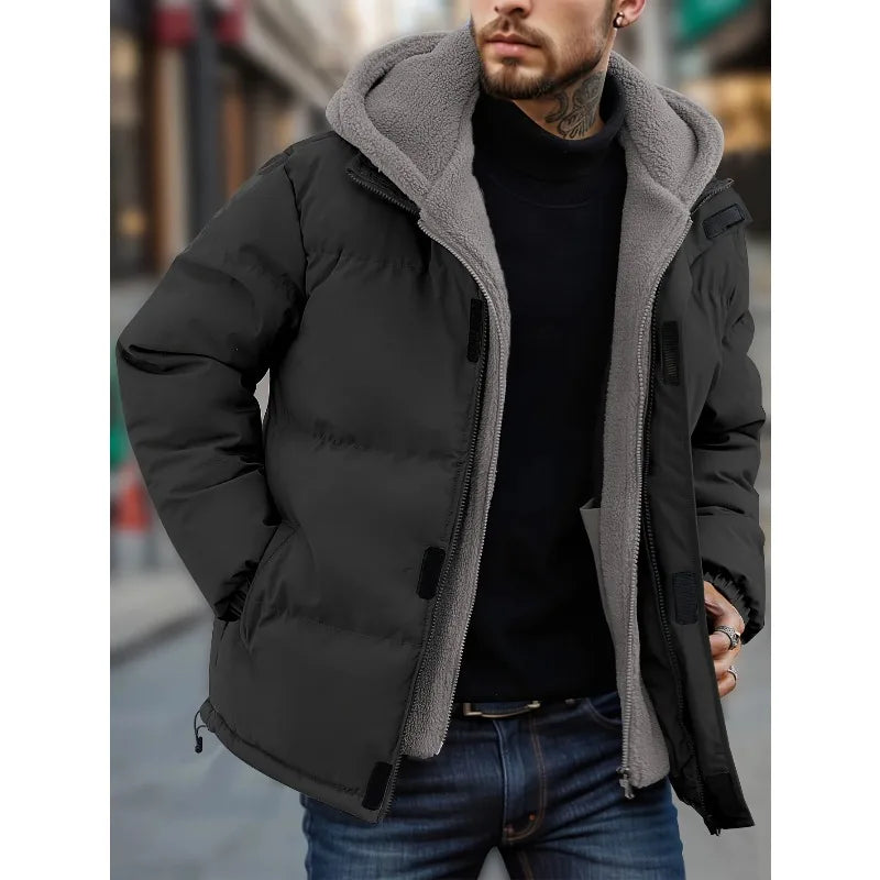 Winter Windproof Men's Jacket Casual Fake Two Hooded Bread Coat Detachable Hood Zipper Front Long Sleeves Pockets Overcoat