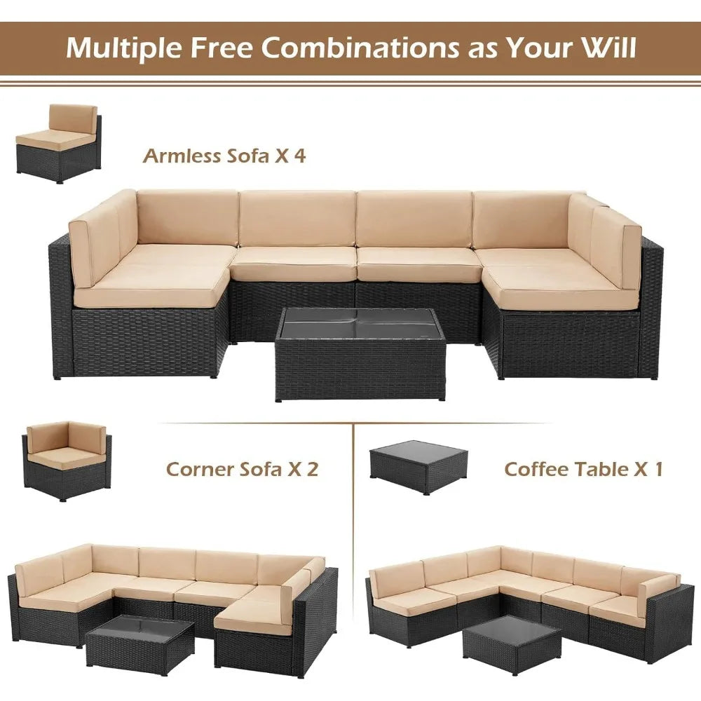 7 Piece Outdoor Patio Furniture Set, PE Rattan Outdoor Grey Wicker Furniture, Outdoor Sectional Furniture Chair Set with Cushion
