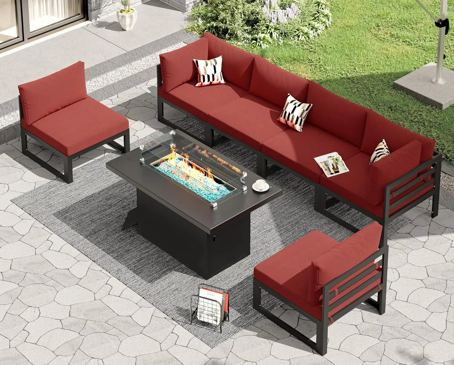 6 Person Large Modern Aluminum Outdoor Patio Furniture Set With Fireplace, 29" Wide Deep Seating, U Shaped Combo, Customized