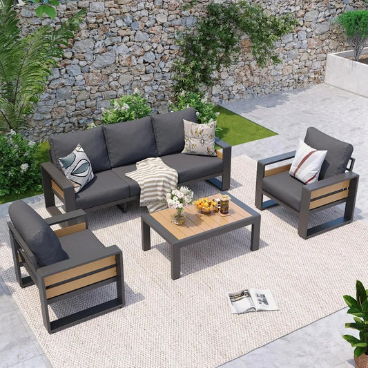 Aluminum Patio Furniture Set, 5 Seats Sectional Metal Patio Furniture with Coffee Table, 6'' Thick Cushions, Customized
