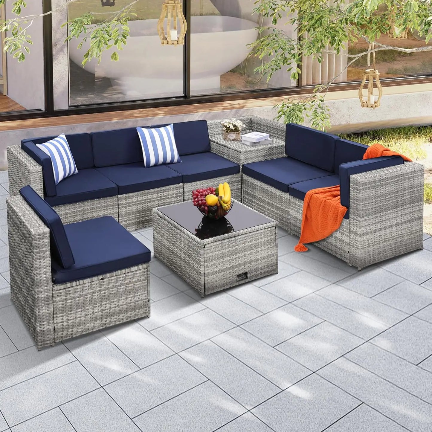 8 Pieces Outdoor Wicker Rattan Patio Furniture Sectional Set, Glass Top Table With Hidden Storage, 7 Sofa Sections,, Customized