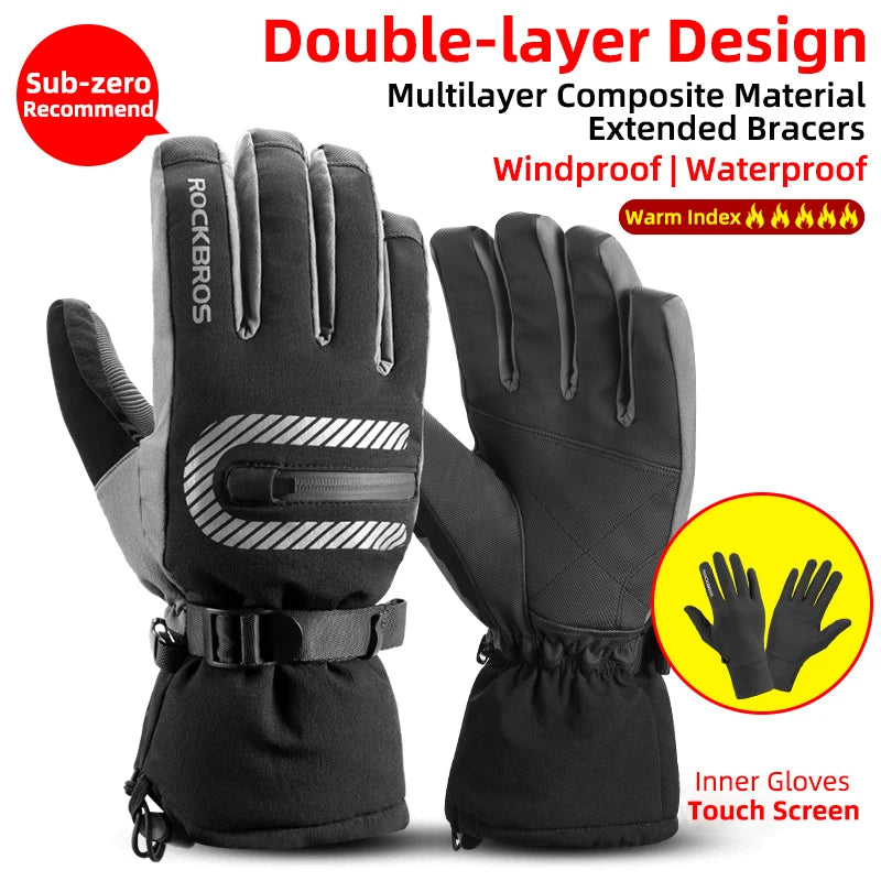 ROCKBROS Winter Gloves Motorcycle Waterproof Fleece Thermal Gloves Snowboard Snowmobile Gloves Men Women Snow Cycling Gloves