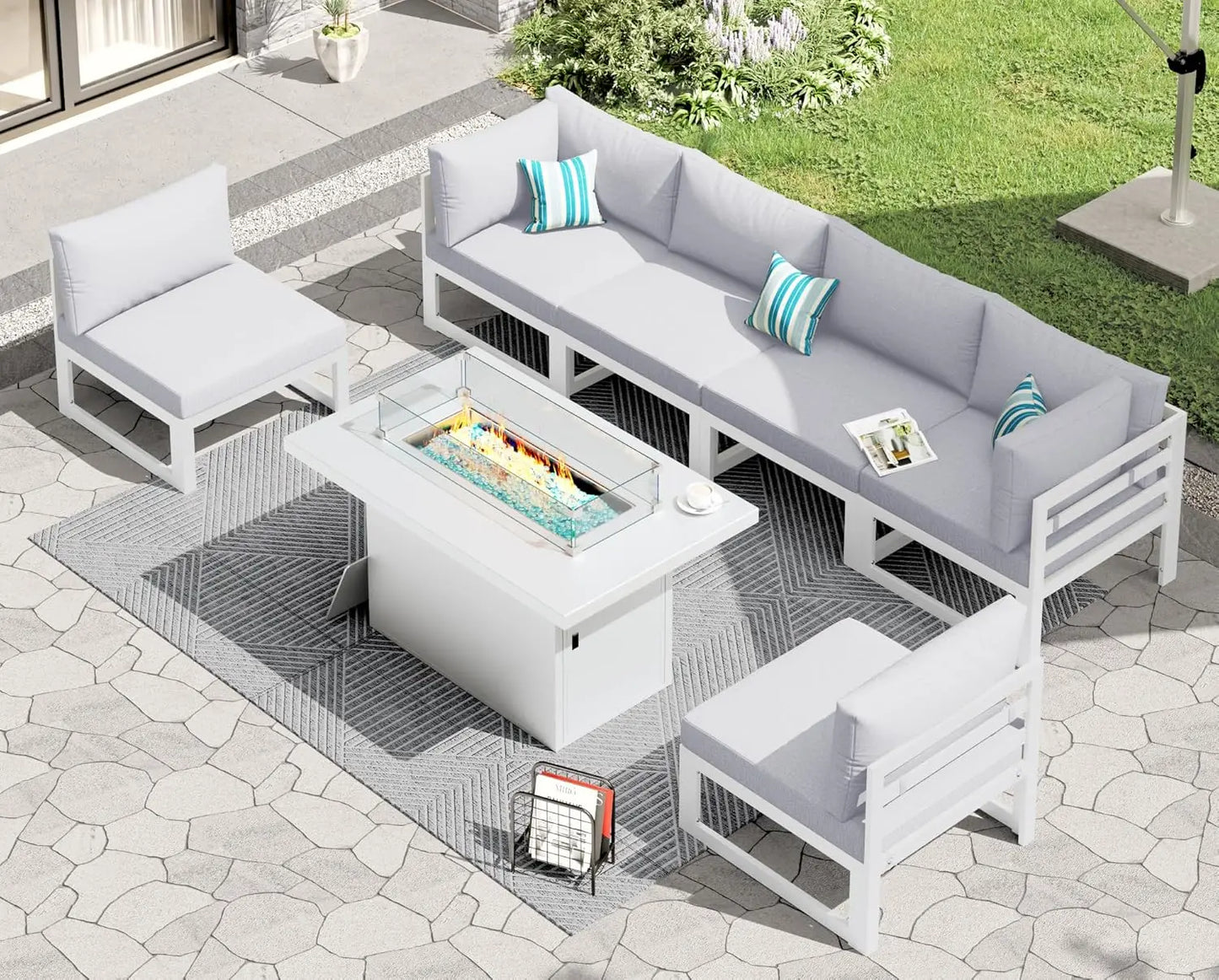 6 Person Large Modern Aluminum Outdoor Patio Furniture Set With Fireplace, 29" Wide Deep Seating, U Shaped Combo, Customized