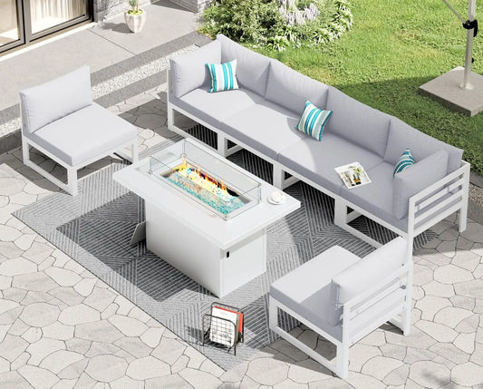 6 Person Large Modern Aluminum Outdoor Patio Furniture Set With Fireplace, 29" Wide Deep Seating, U Shaped Combo, Customized