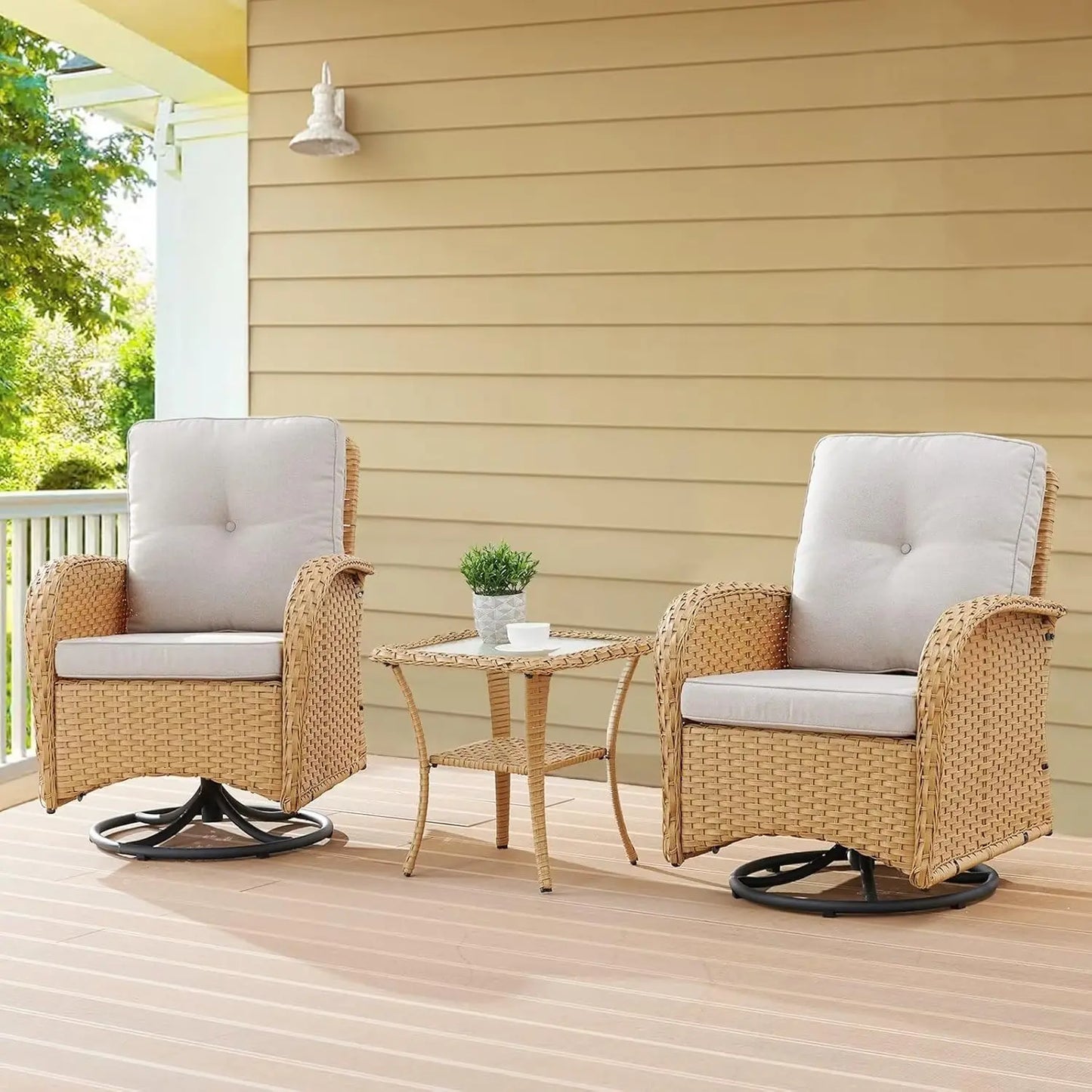 3 Pieces Black Wicker Patio Furniture Outdoor Swivel Rocker Patio Glider Chairs Set of 2 with Side Table Beige, Customized