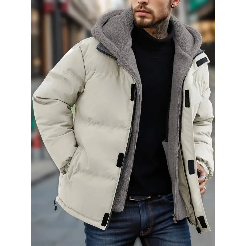 Winter Windproof Men's Jacket Casual Fake Two Hooded Bread Coat Detachable Hood Zipper Front Long Sleeves Pockets Overcoat
