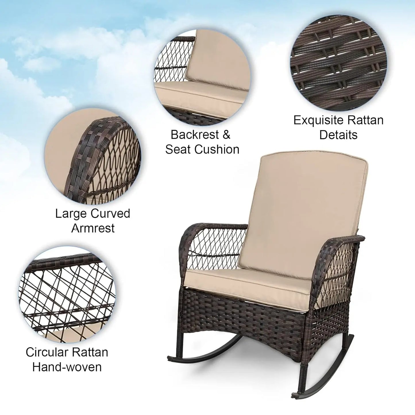 3 pcs Rocking Bistro Set Conversation Chairs PE Wicker Outdoor Rocking Chairs & Glass Table,for Porch Lawn Garden, Customized