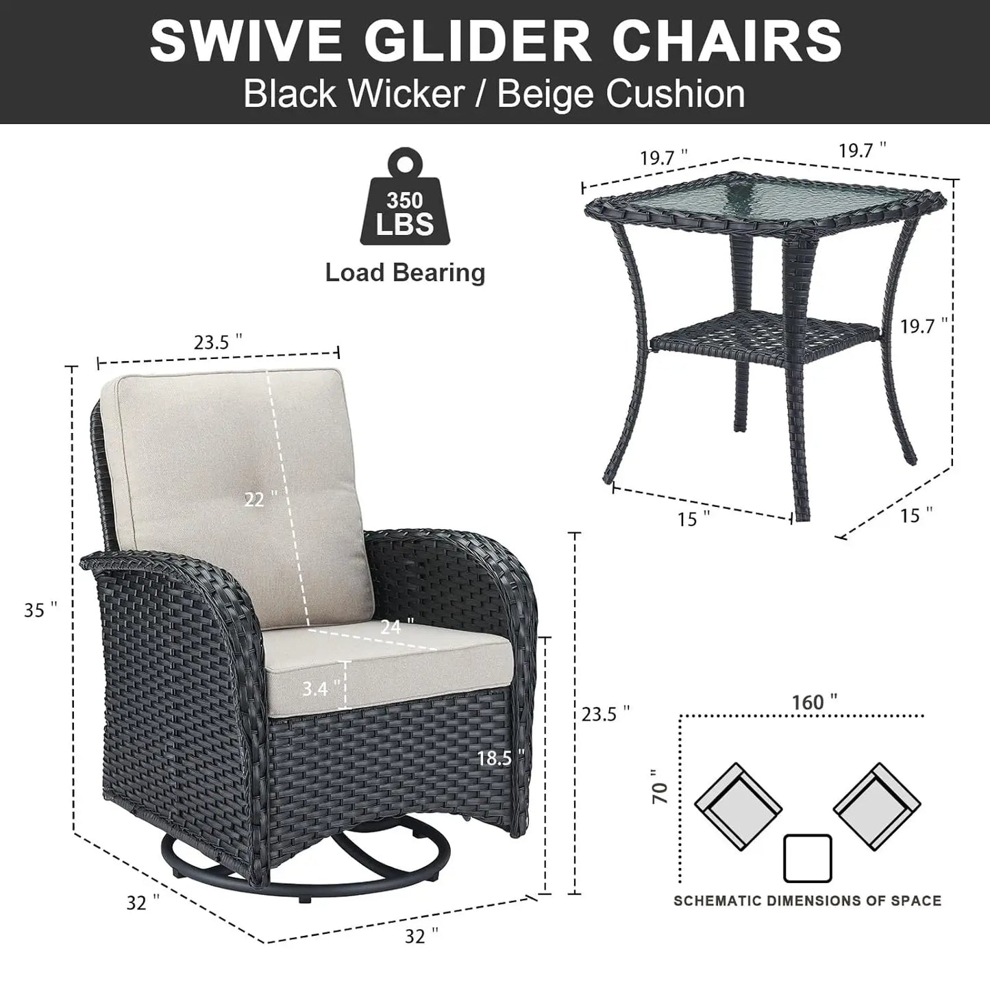 3 Pieces Black Wicker Patio Furniture Outdoor Swivel Rocker Patio Glider Chairs Set of 2 with Side Table Beige, Customized