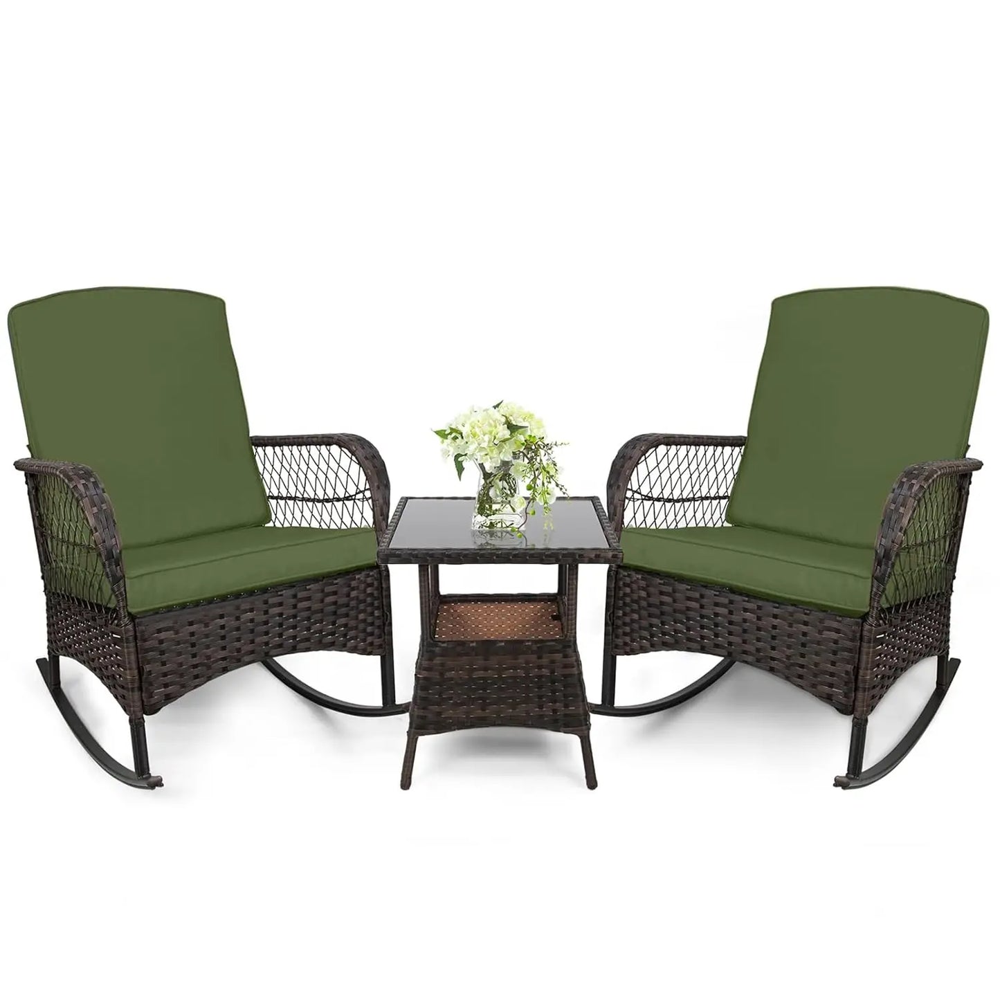 3 pcs Rocking Bistro Set Conversation Chairs PE Wicker Outdoor Rocking Chairs & Glass Table,for Porch Lawn Garden, Customized