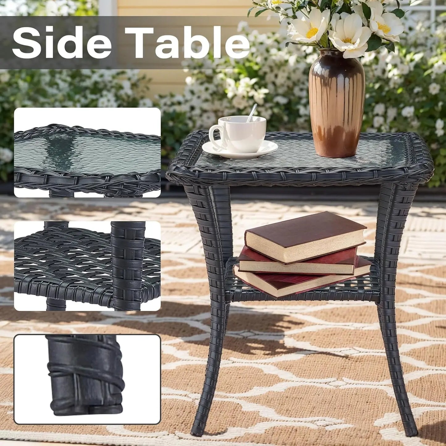 3 Pieces Black Wicker Patio Furniture Outdoor Swivel Rocker Patio Glider Chairs Set of 2 with Side Table Beige, Customized
