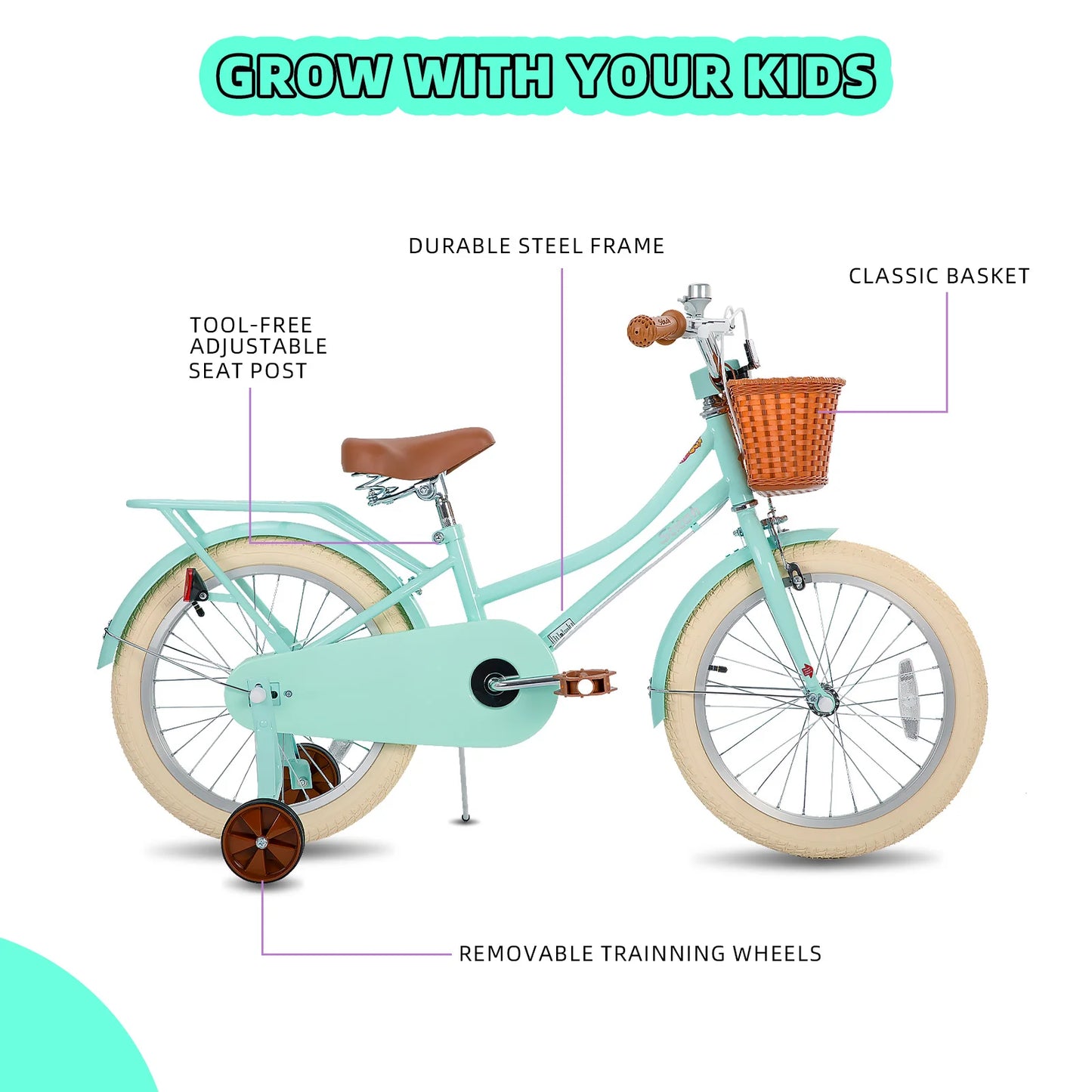 STITCH Manchi 12 14 16 18 inch children's bicycle with basket and stable wheels, suitable for girls and boys aged 2 to 9