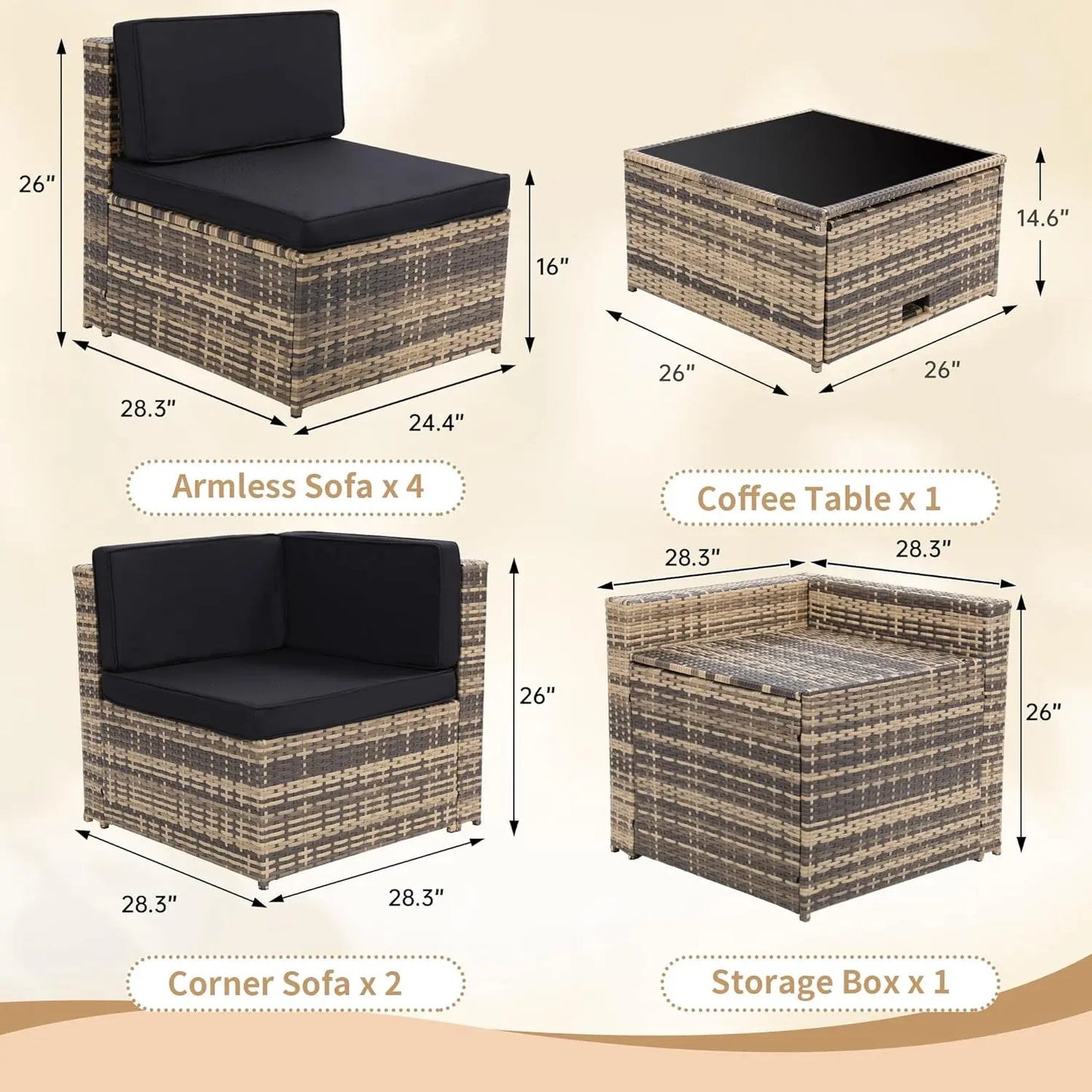 8 Pieces Outdoor Wicker Rattan Patio Furniture Sectional Set, Glass Top Table With Hidden Storage, 7 Sofa Sections,, Customized