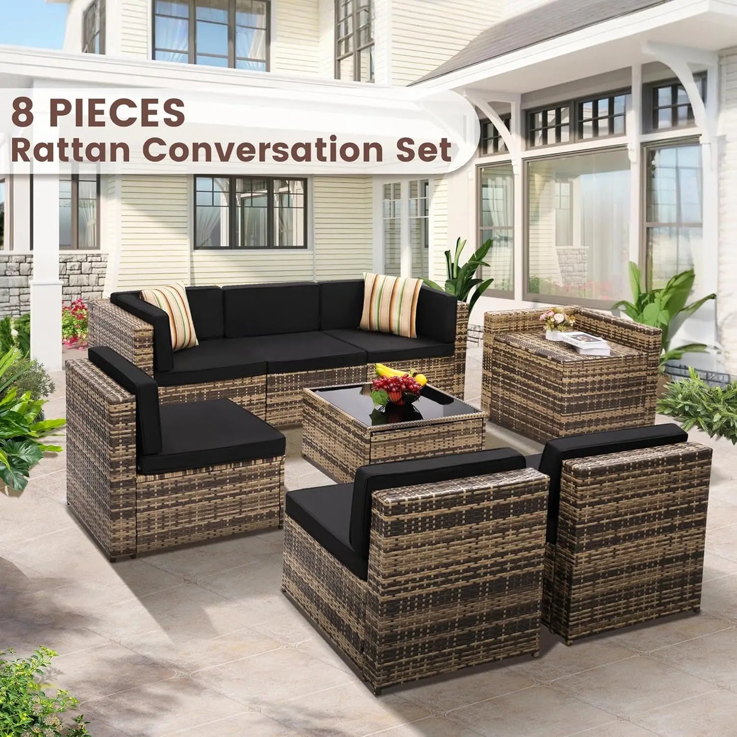 8 Pieces Outdoor Wicker Rattan Patio Furniture Sectional Set, Glass Top Table With Hidden Storage, 7 Sofa Sections,, Customized