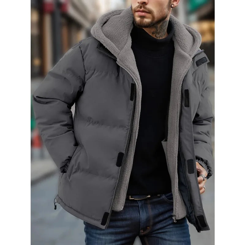 Winter Windproof Men's Jacket Casual Fake Two Hooded Bread Coat Detachable Hood Zipper Front Long Sleeves Pockets Overcoat