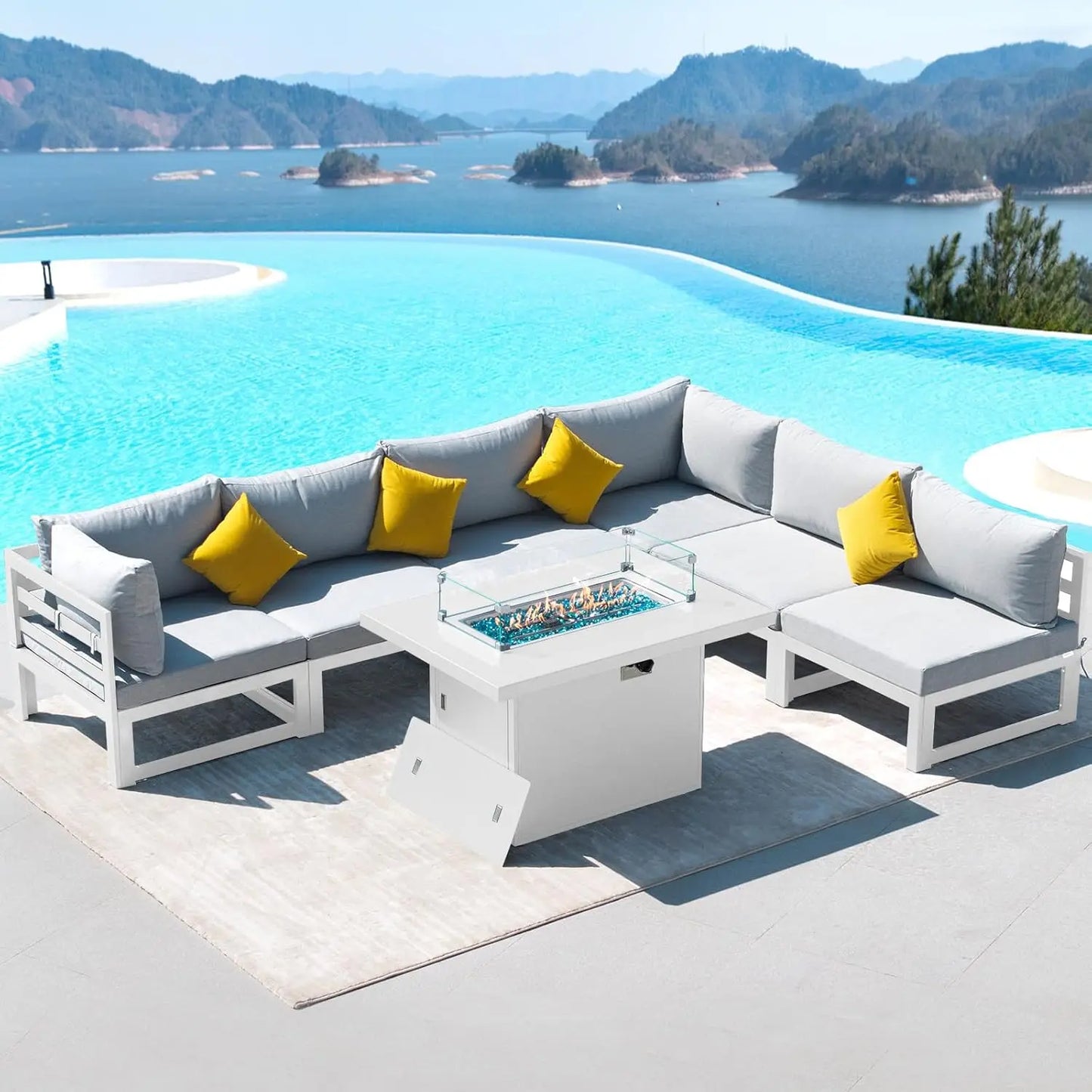 6 Person Large Modern Aluminum Outdoor Patio Furniture Set With Fireplace, 29" Wide Deep Seating, U Shaped Combo, Customized