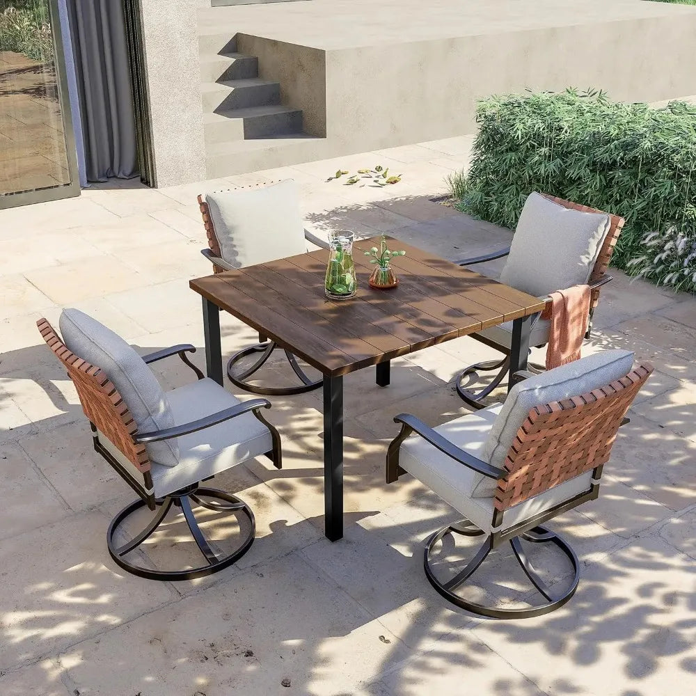 5-Piece Outdoor Dining Set, 4 Leather-Look Wicker Swivel Patio Chairs &  Square Woodgrain Dining Table，Outdoor Furniture Sets