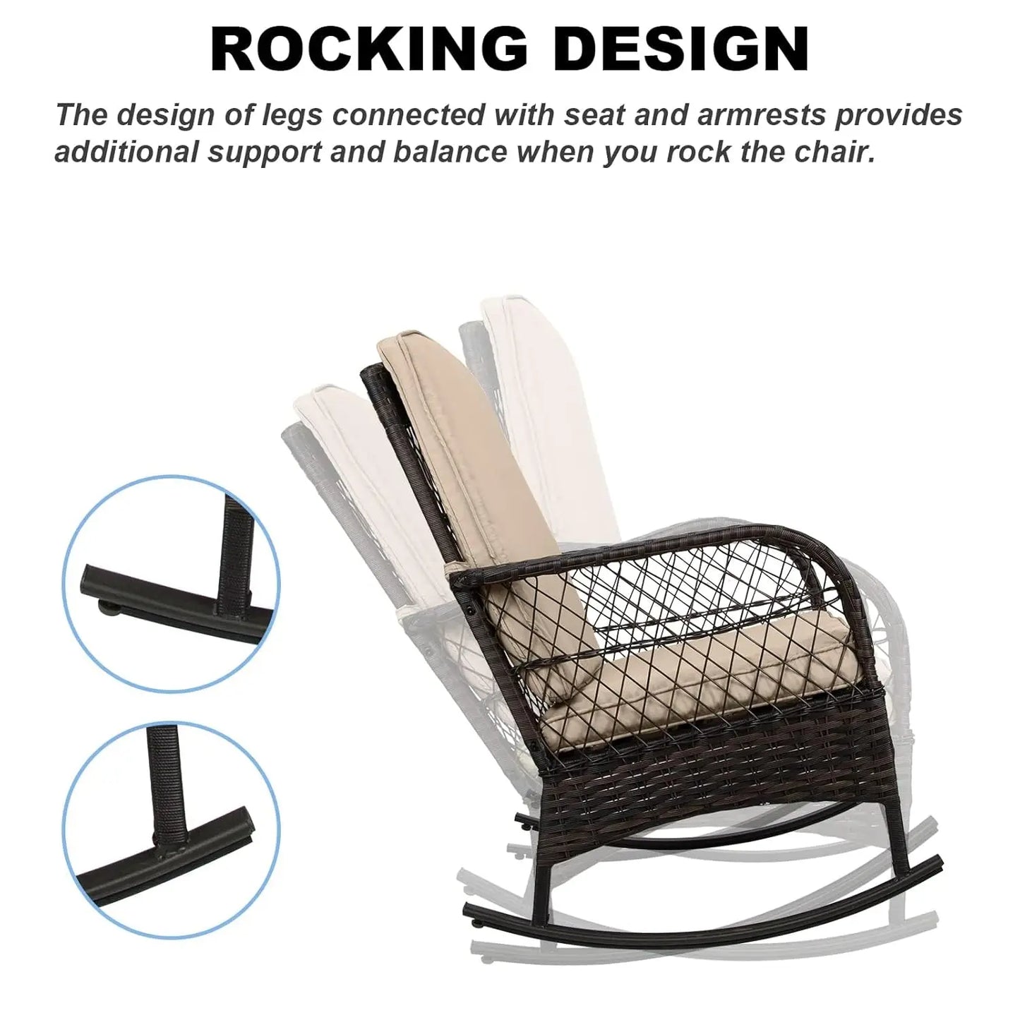3 pcs Rocking Bistro Set Conversation Chairs PE Wicker Outdoor Rocking Chairs & Glass Table,for Porch Lawn Garden, Customized