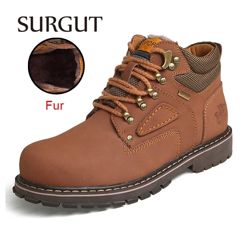 SURGUT Brand Super Warm Men's Winter Leather Men Waterproof Rubber Snow Boots Leisure Boots England Retro Shoes For Men Big Size