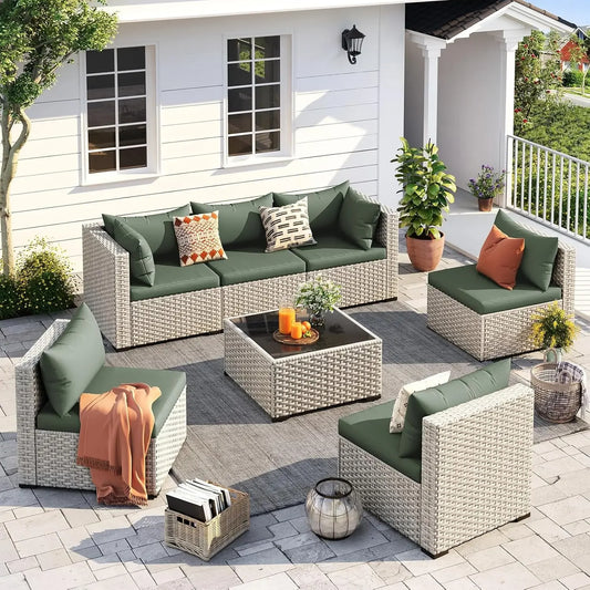 Outdoor Patio Furniture Set, 7-Piece PE Wicker Sectional Sofa with Tea Table, Outdoor Conversation Set for Patio,Garden,Backyard