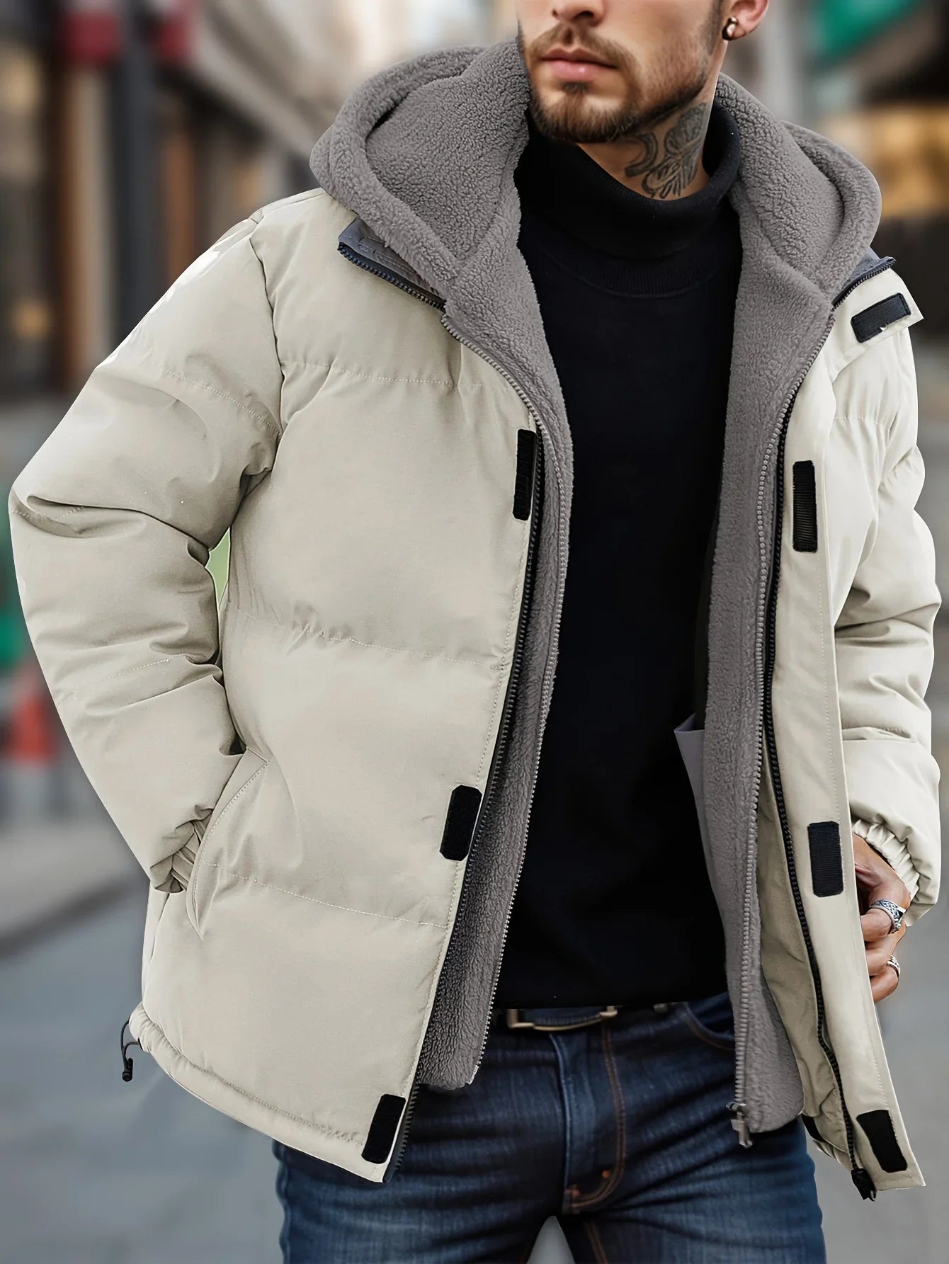 Winter Windproof Men's Jacket Casual Fake Two Hooded Bread Coat Detachable Hood Zipper Front Long Sleeves Pockets Overcoat