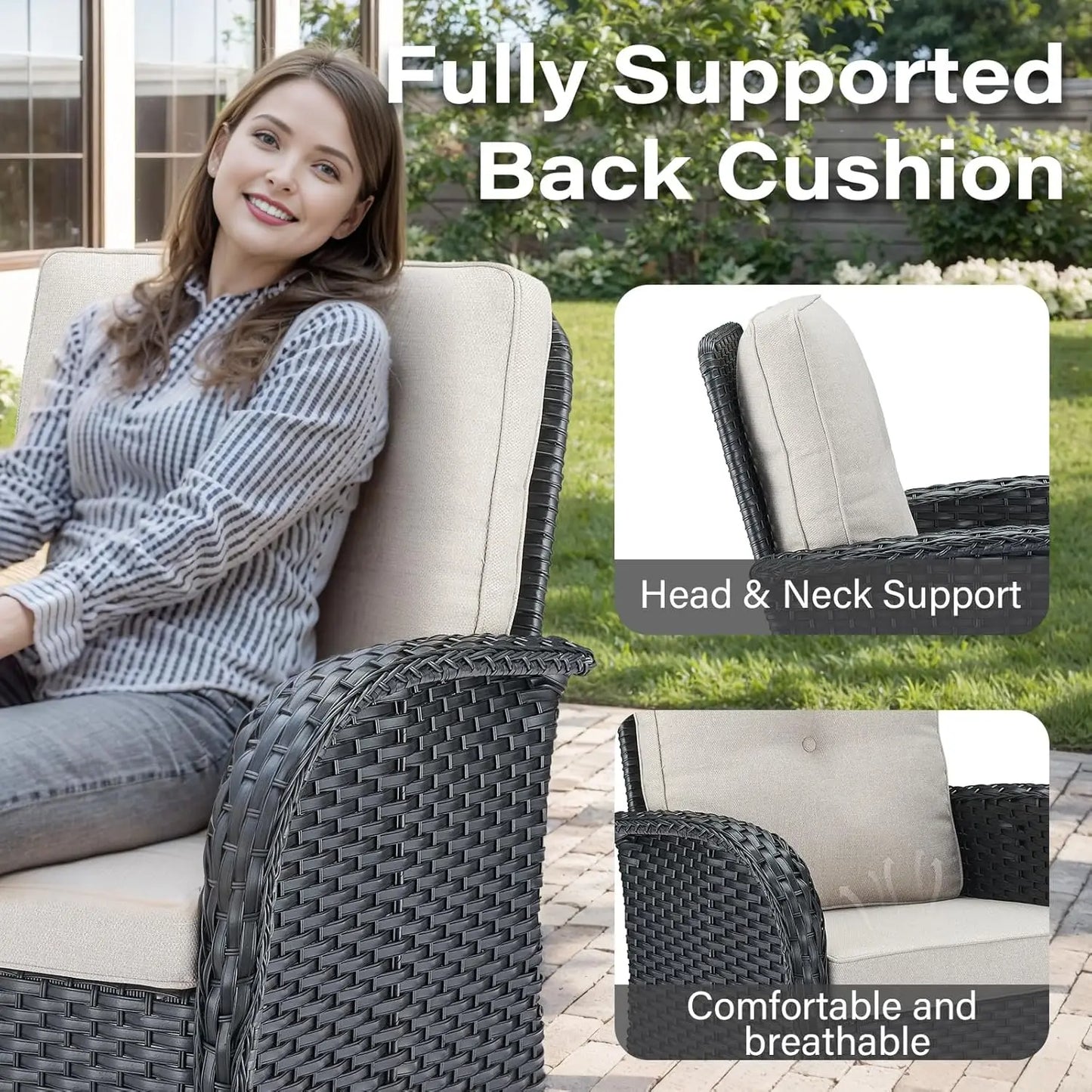 3 Pieces Black Wicker Patio Furniture Outdoor Swivel Rocker Patio Glider Chairs Set of 2 with Side Table Beige, Customized