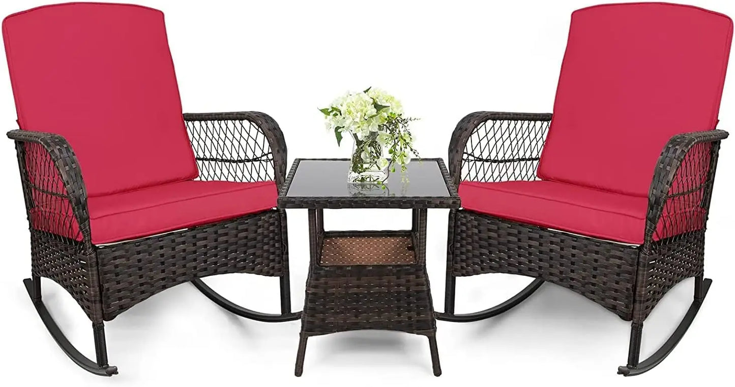 3 pcs Rocking Bistro Set Conversation Chairs PE Wicker Outdoor Rocking Chairs & Glass Table,for Porch Lawn Garden, Customized