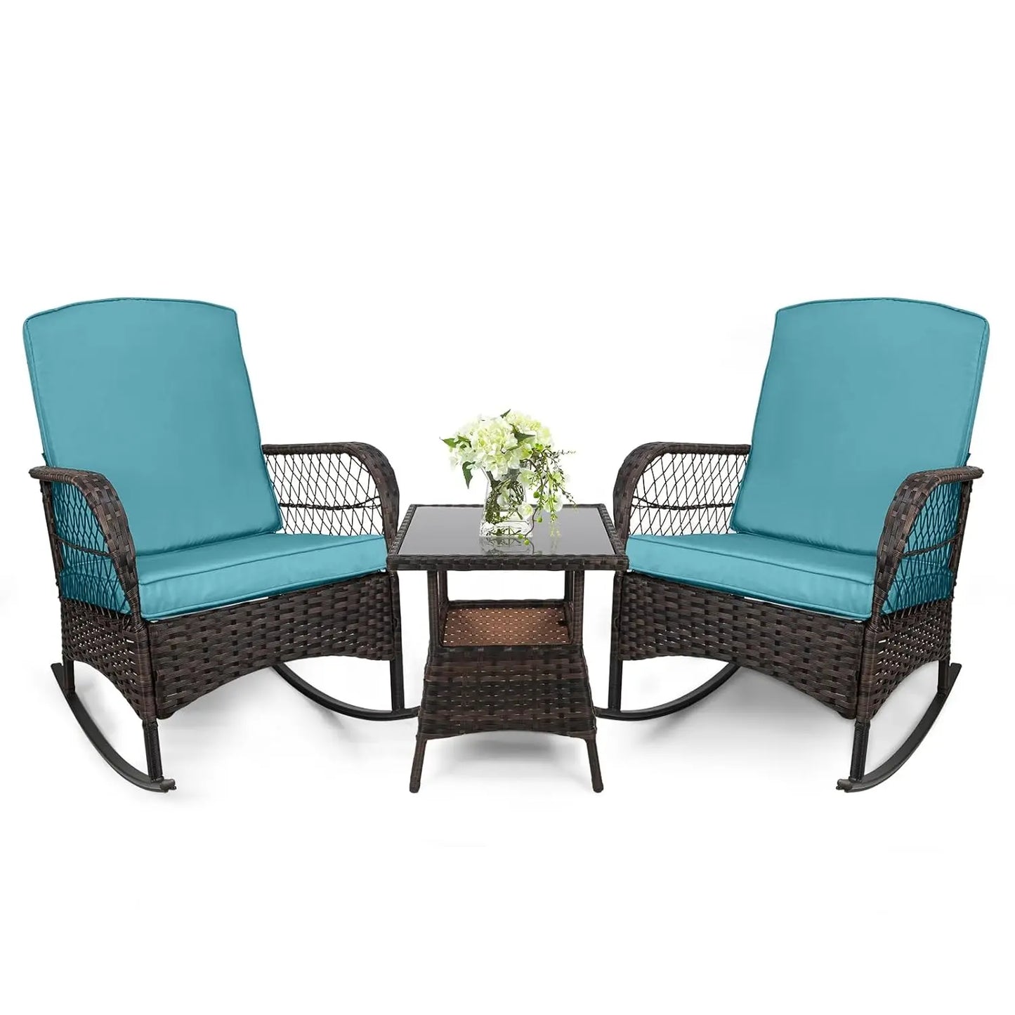 3 pcs Rocking Bistro Set Conversation Chairs PE Wicker Outdoor Rocking Chairs & Glass Table,for Porch Lawn Garden, Customized