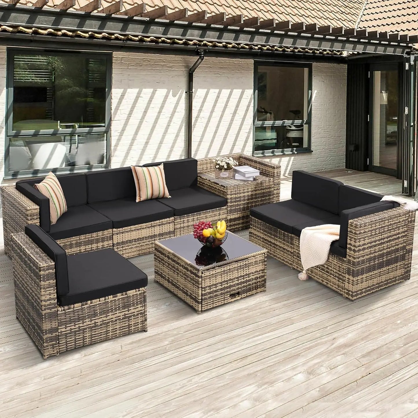 8 Pieces Outdoor Wicker Rattan Patio Furniture Sectional Set, Glass Top Table With Hidden Storage, 7 Sofa Sections,, Customized