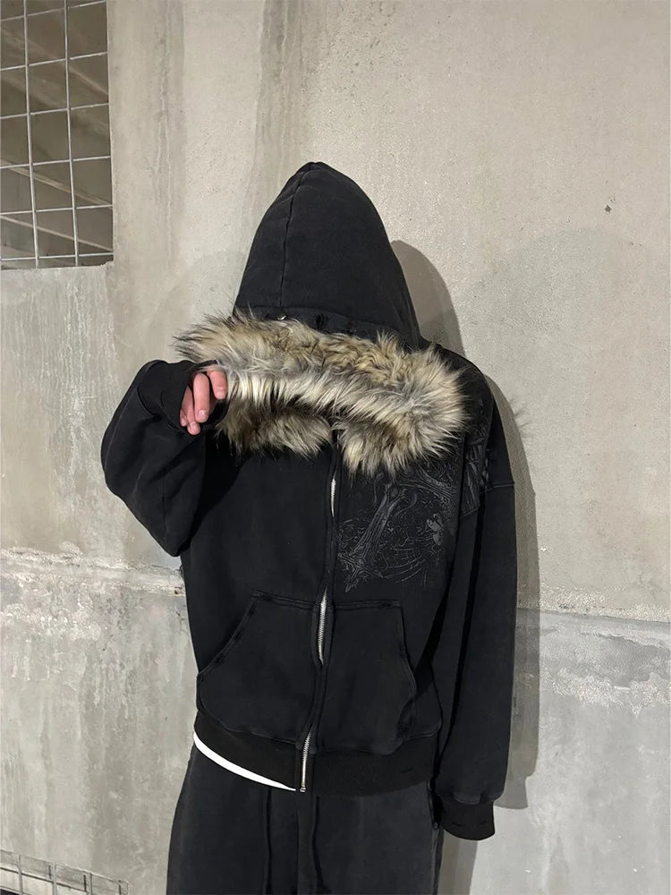 Autumn/Winter Y2k Women Aesthetic Harajuku Faux Fur Collar Hoodies Clothes Graphic Hip Hop Punk Gothic Zip Up Hoodies 2025 new