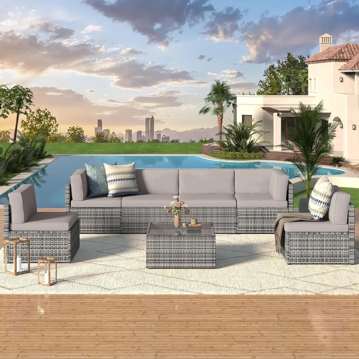 7 Piece Outdoor Patio Furniture Set, PE Rattan Outdoor Grey Wicker Furniture, Outdoor Sectional Furniture Chair Set with Cushion