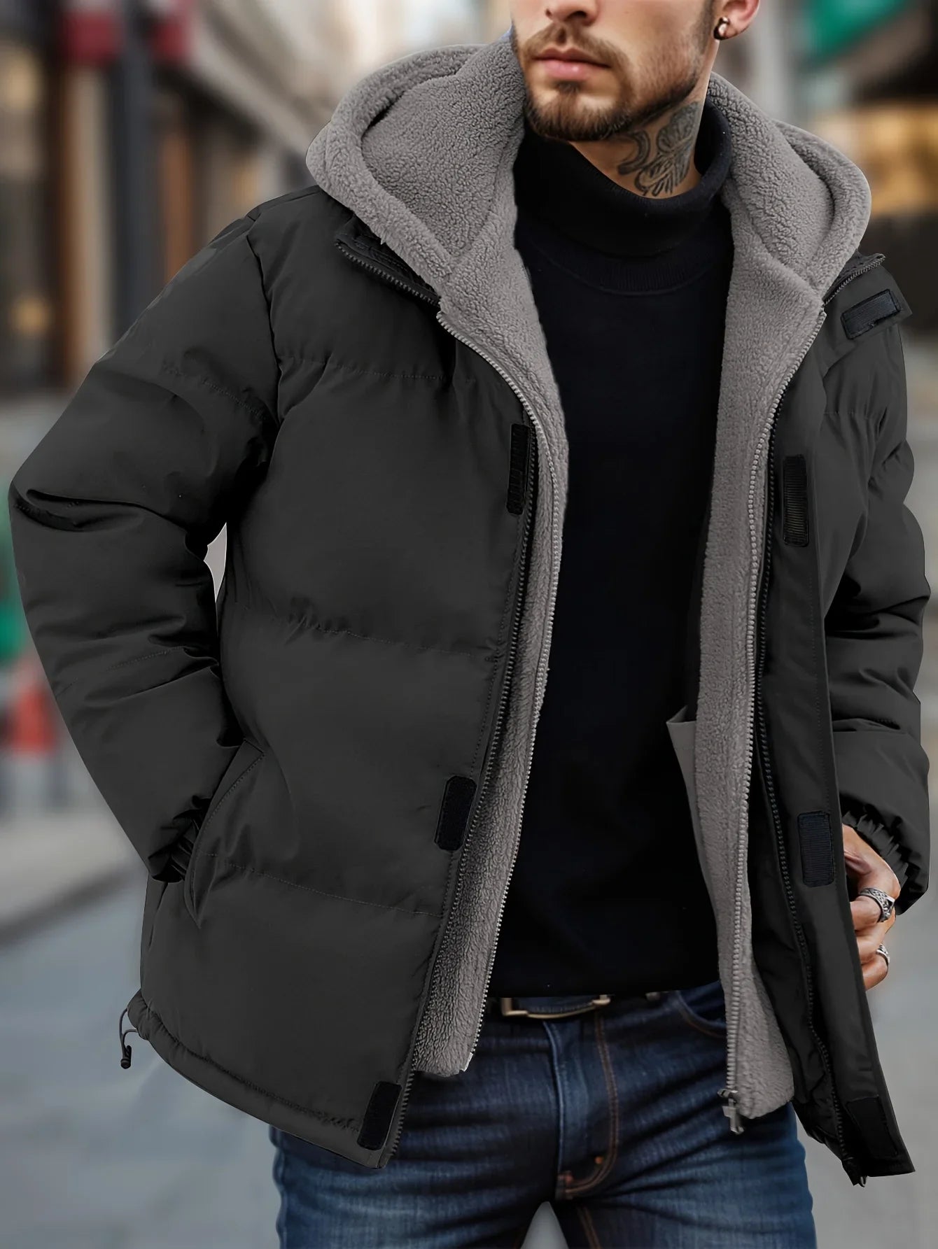 Winter Windproof Men's Jacket Casual Fake Two Hooded Bread Coat Detachable Hood Zipper Front Long Sleeves Pockets Overcoat