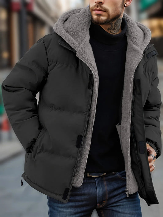 Winter Windproof Men's Jacket Casual Fake Two Hooded Bread Coat Detachable Hood Zipper Front Long Sleeves Pockets Overcoat
