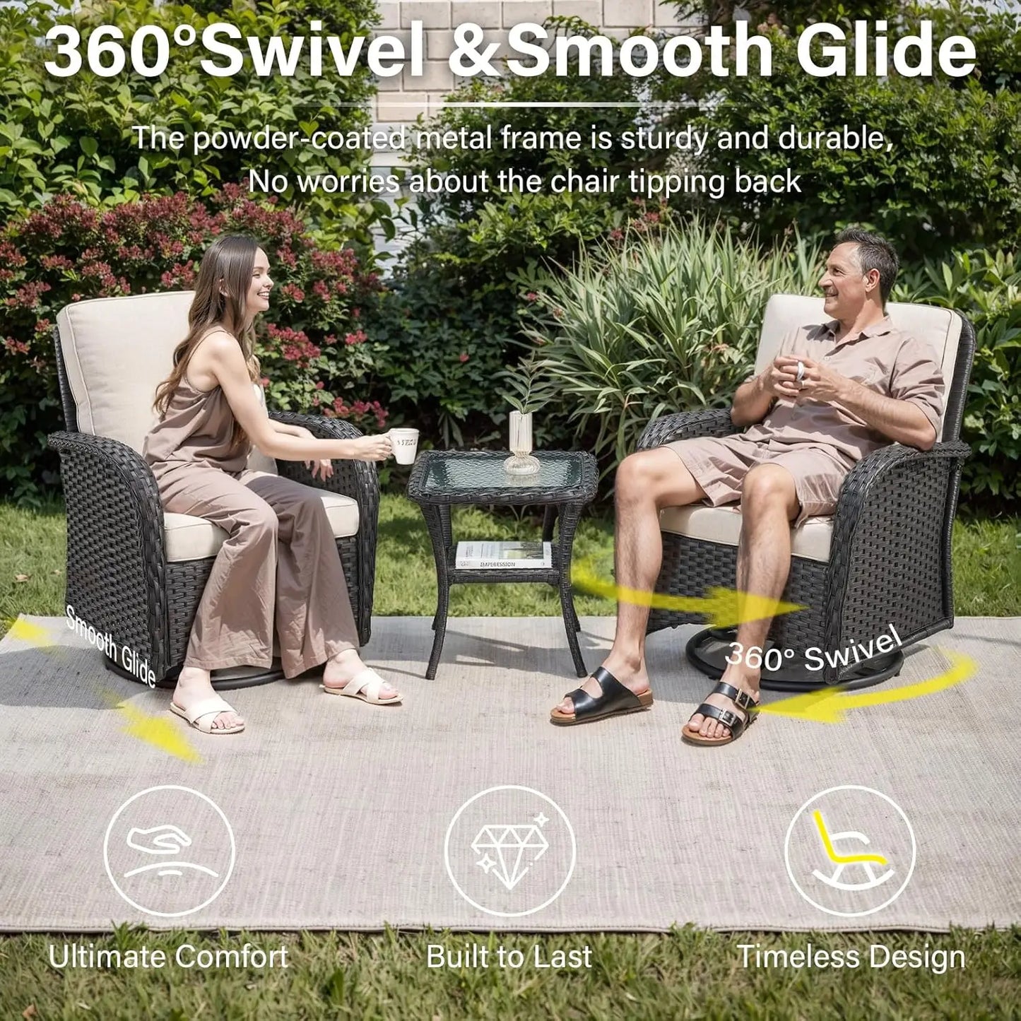 3 Pieces Black Wicker Patio Furniture Outdoor Swivel Rocker Patio Glider Chairs Set of 2 with Side Table Beige, Customized