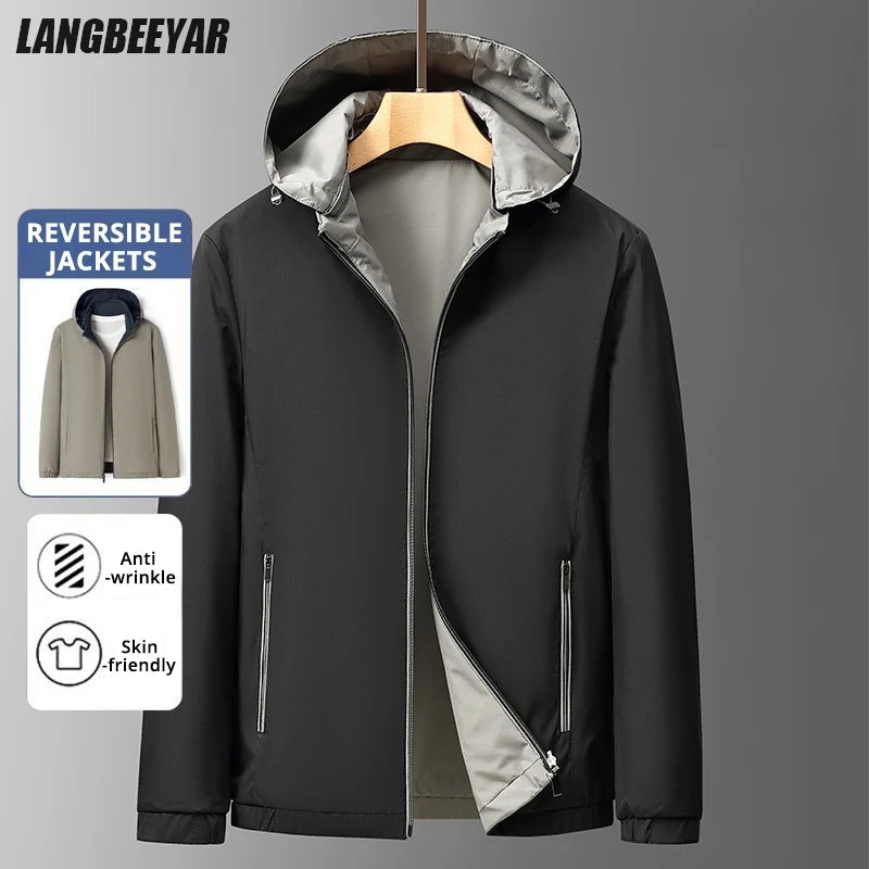 Premium Reversible New Detachable Hood Men Waterproof Lightweight Outdoor Jacket Spring Autumn Windbreaker Casual Coats  Outwear