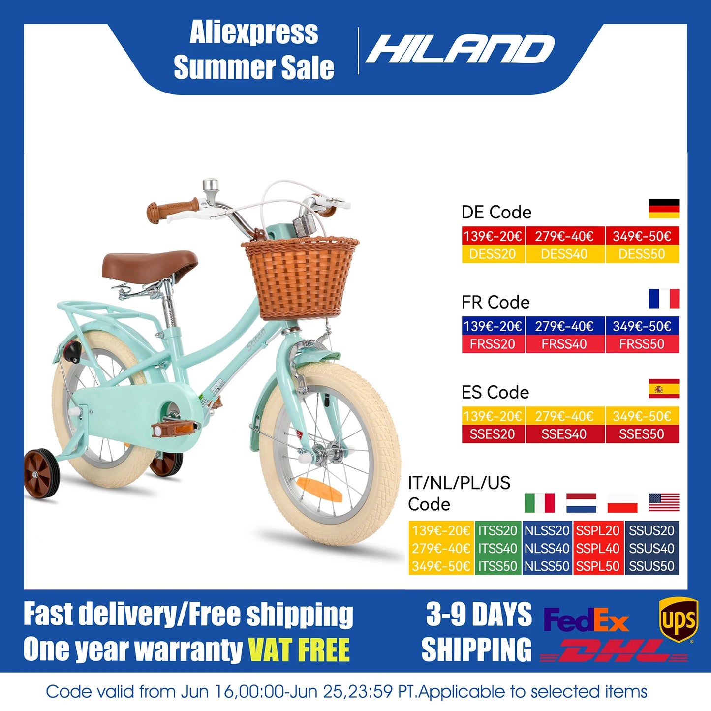 STITCH Manchi 12 14 16 18 inch children's bicycle with basket and stable wheels, suitable for girls and boys aged 2 to 9